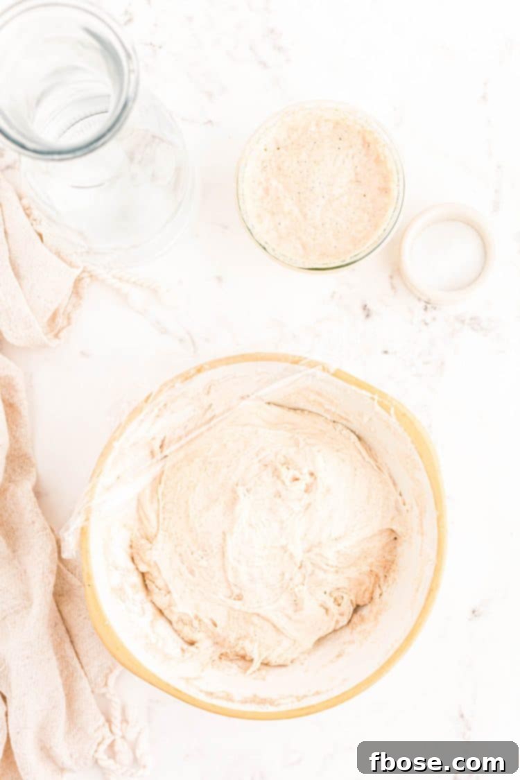 Shaggy dough mixture in a mixing bowl, covered with plastic wrap, resting for autolyse.