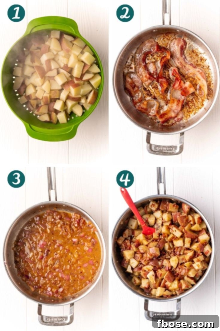Step by step photo collage showing how to make German potato salad.