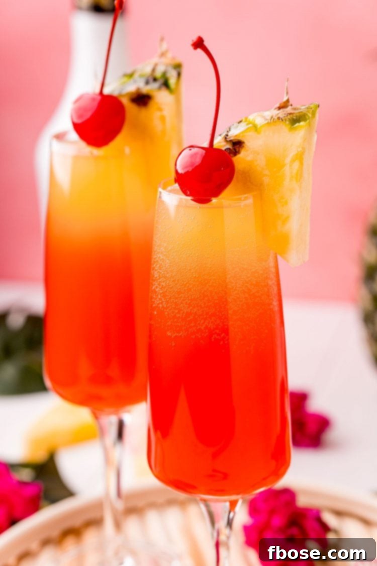 Close up photo of two Hawaiian Mimosas in champagne flutes garnished with pineapple wedges and cherries.