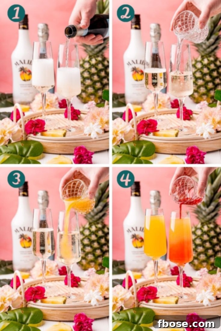Step by step photo collage showing how to make Hawaiian Mimosas tiktok style.