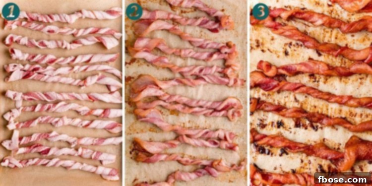 Step by step photo collage showing how to make twisted bacon.