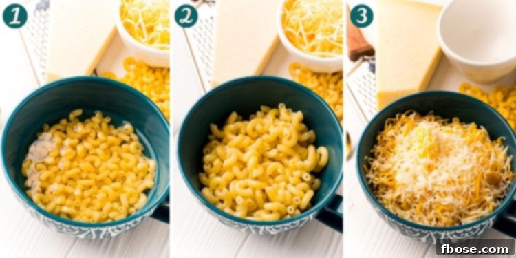 Step-by-step photo collage displaying the simple process of making quick mac and cheese in a mug.