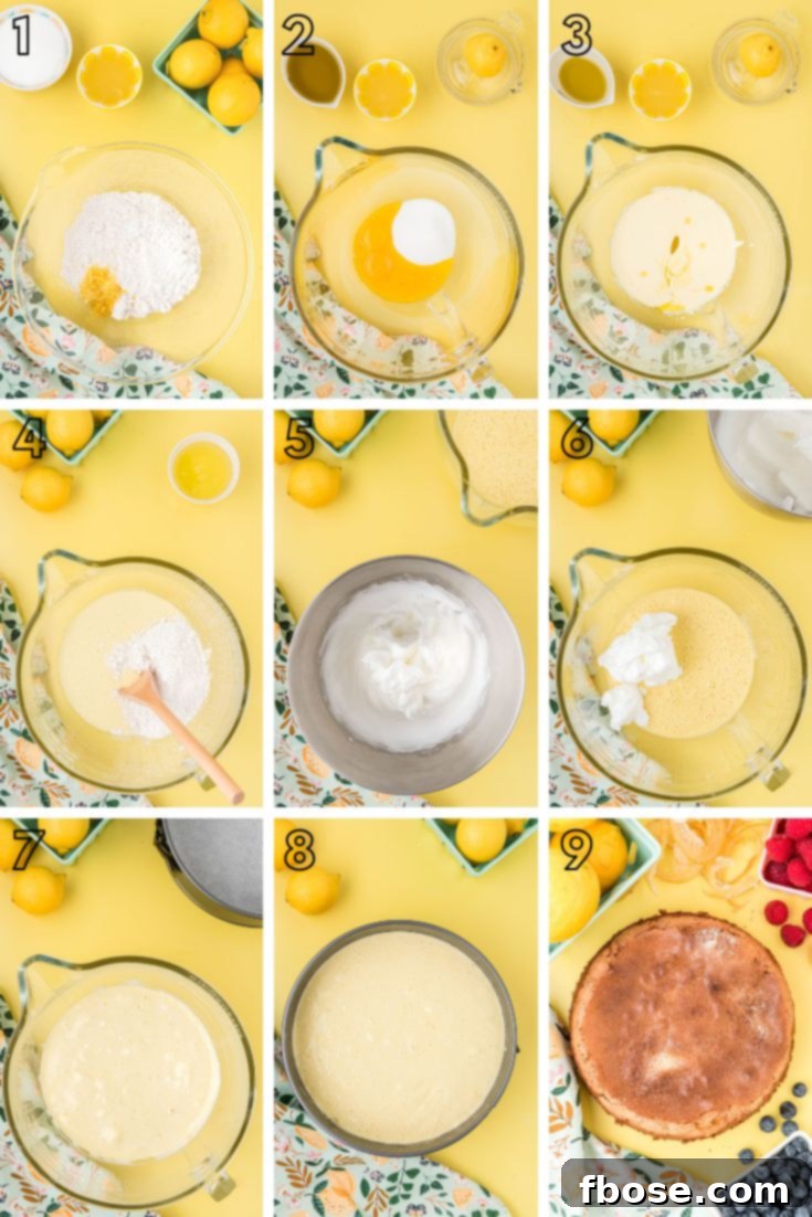 A step-by-step photo collage illustrating the process of making lemon olive oil cake, showing key stages from mixing ingredients to pouring batter.