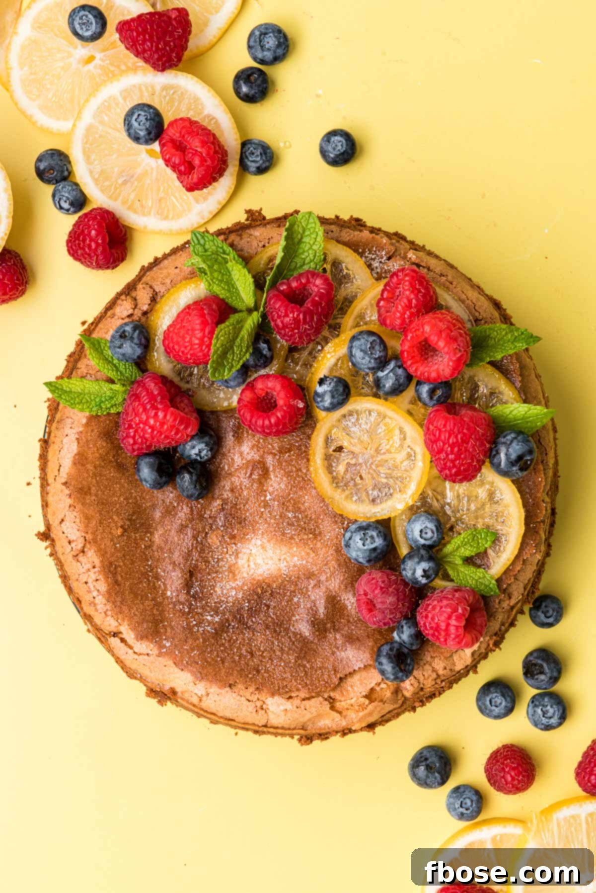 An overhead shot of a luscious lemon olive oil cake adorned with a medley of fresh berries and elegant candied lemon slices, all resting on a bright yellow surface. It's a feast for the eyes!