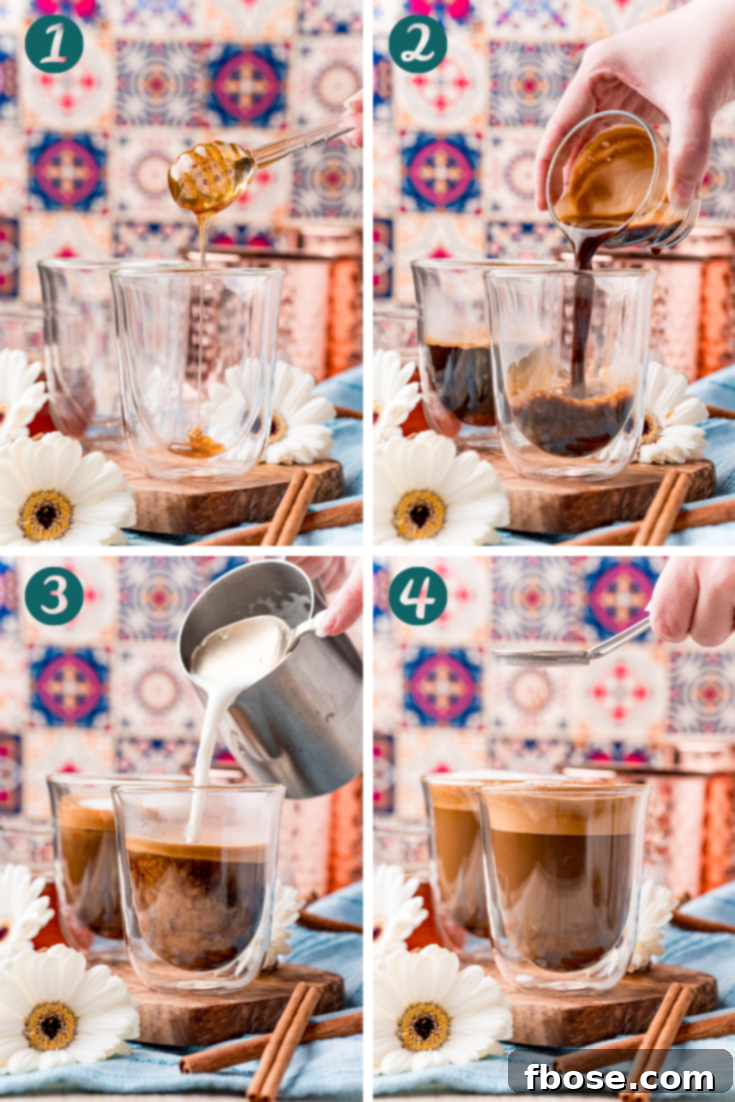 Step by step photo collage showing how to make cafe con miel.