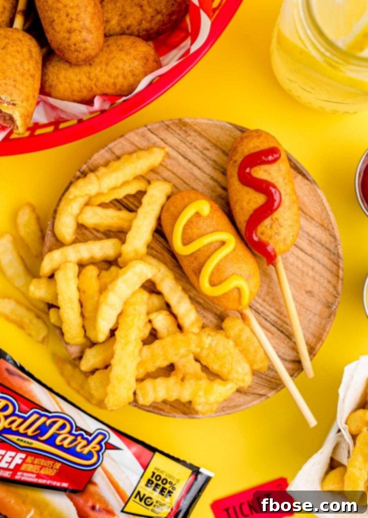 Close up photo of mini corn dogs on a wooden plate with crinkle fries, showcasing their golden-brown perfection and inviting texture.
