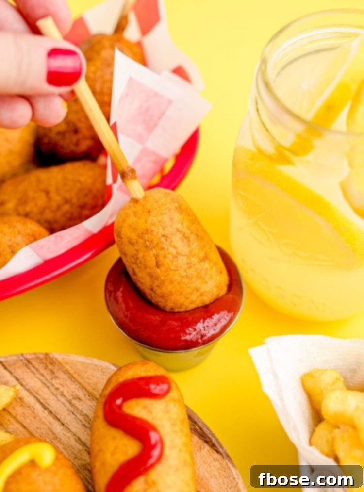 A golden-brown mini corndog being dipped into a small bowl of vibrant red ketchup, highlighting its crispy texture.