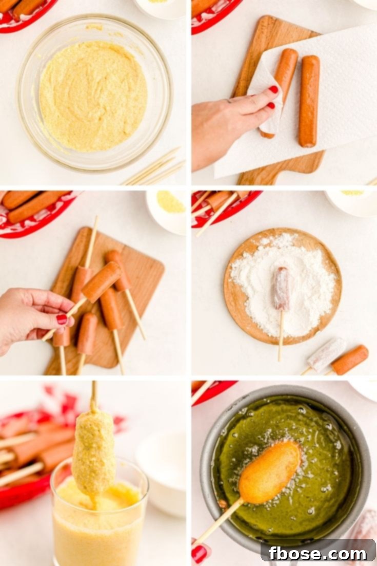 Step-by-step photo collage showing how to prepare mini corn dogs, including hot dog preparation, batter mixing, dipping the hot dogs, and frying them in oil.