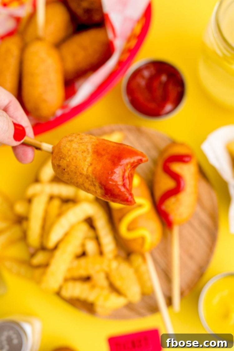 A woman's hand holding a mini corn dog with a bite missing close to the camera, showcasing the golden-brown batter and hot dog interior.