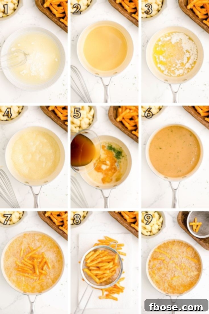 Step-by-step photo collage showing how to make poutine.