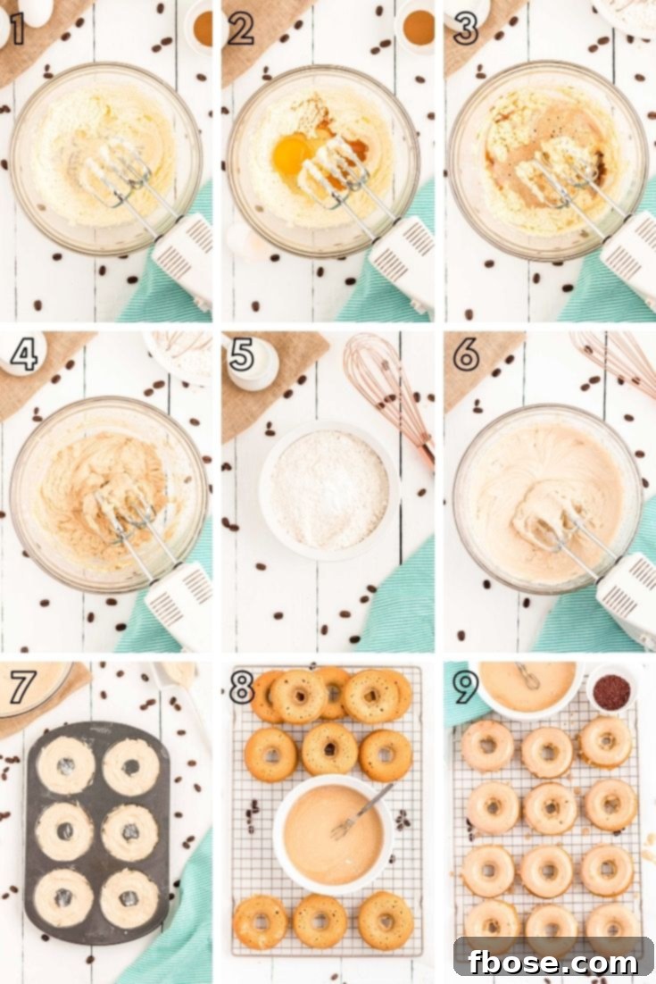 Brewed & Baked 5 Step-by-step photo collage illustrating the process of making homemade coffee donuts, from mixing ingredients to glazing the final product.