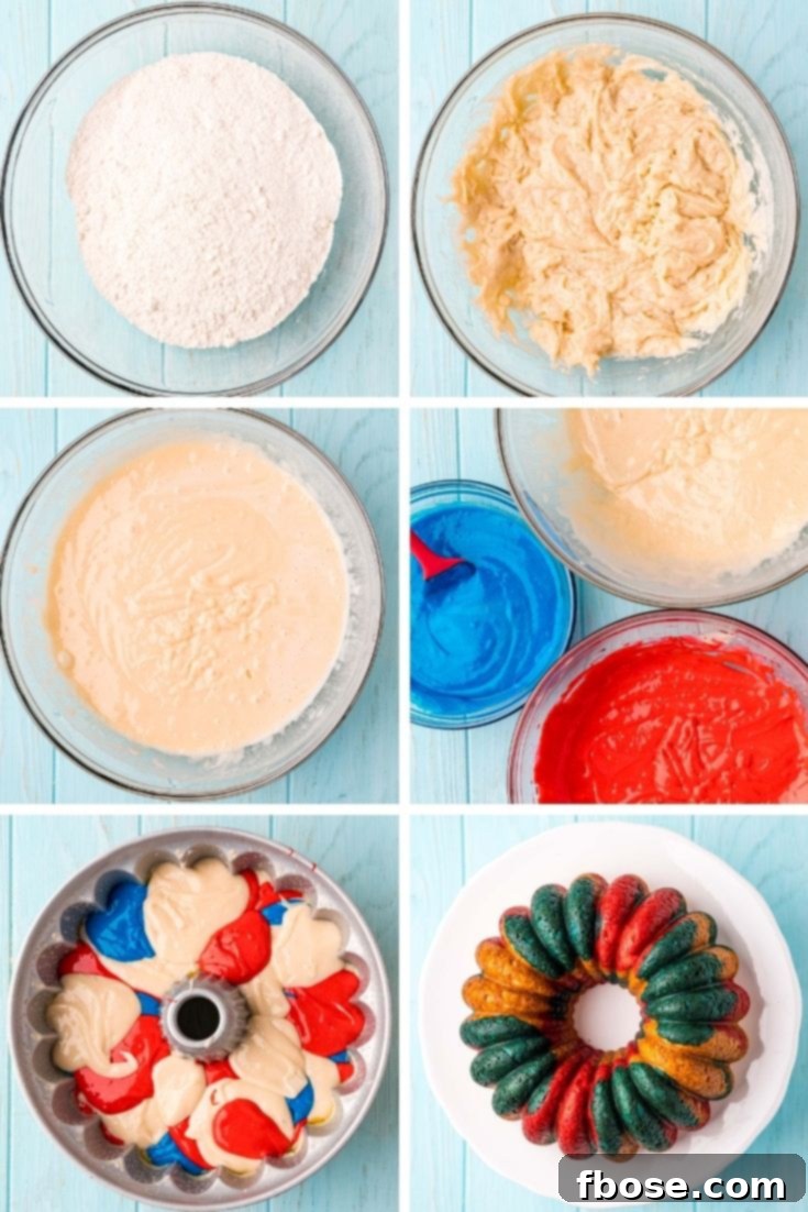 Step by step photo collage showing how to make a red, white, and blue fourth of july cake in a bundt pan, illustrating the process.