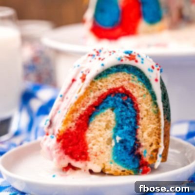 Photo of red white and blue bundt cake.