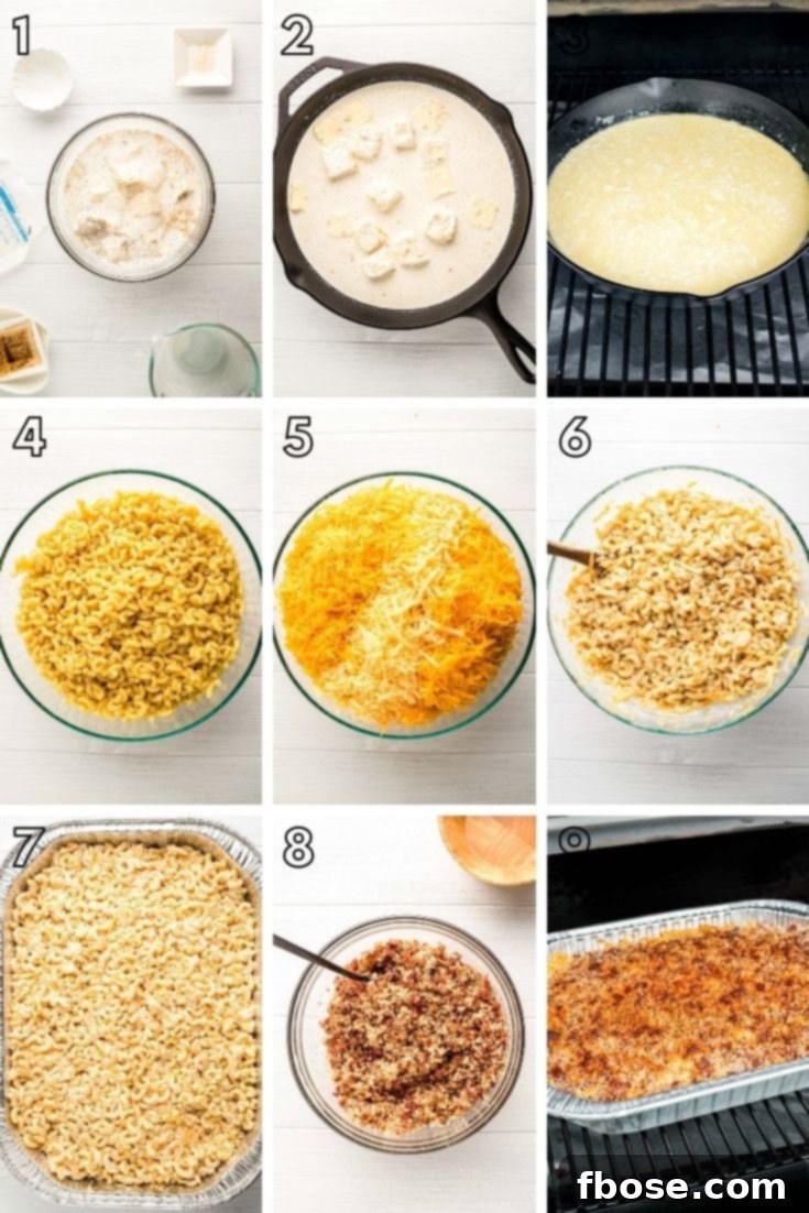 Step-by-step photo collage showing how to make mac and cheese on the smoker, from mixing ingredients to the finished dish.