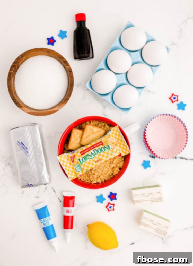 Red White & Blue Mini Cheesecakes 4 Overhead photo of ingredients prepped to make mini 4th of july cheesecakes.