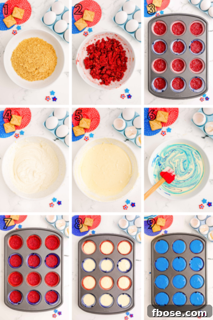 Red White & Blue Mini Cheesecakes 5 Step by step photo collage showing how to make red, white, and blue 4th of July mini cheesecakes.