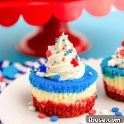Close up photo of 4th of July mini cheesecakes on a white plate with sprinkles around them.