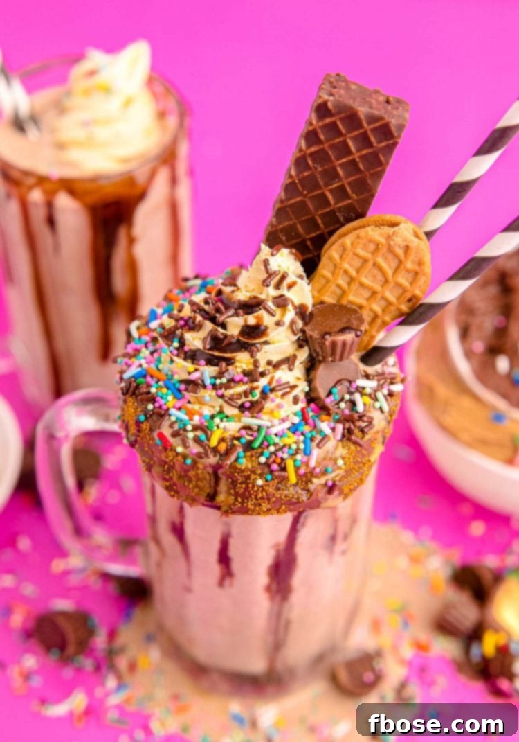 Peanut Butter Freakshake 2 Close up photo of a peanut butter milkshake topped with candy, cookies, whipped cream, and sprinkles.