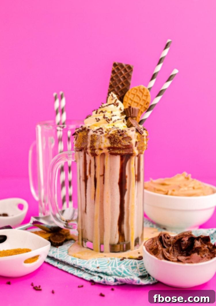 Peanut Butter Freakshake 3 Photo of a peanut butter freakshake on a pink surface surrounded by sweet toppings.