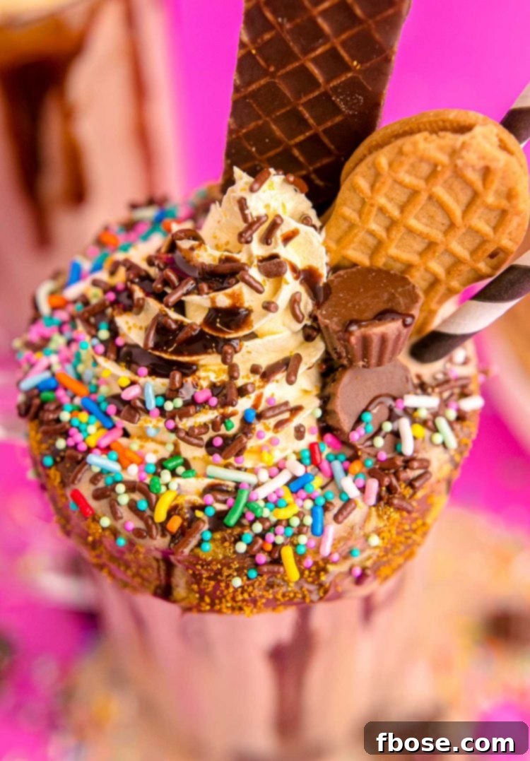 Peanut Butter Freakshake 6 Close up photo of a peanut butter milkshake topped with whipped cream, sprinkles, chocolate candy and cookies, and chocolate sauce.