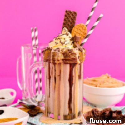 Peanut Butter Freakshake 7 Photo of a peanut butter freakshake on a pink surface surrounded by sweet toppings.
