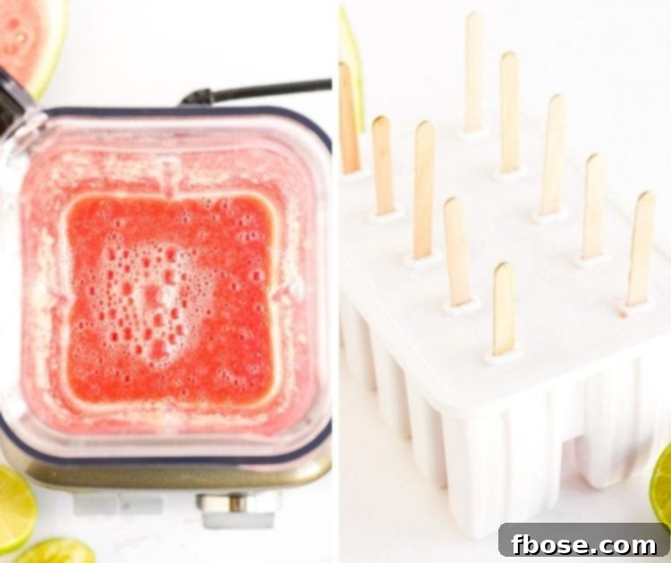 Photo collage showcasing the four main steps to make watermelon popsicles, from blending ingredients to freezing in molds.