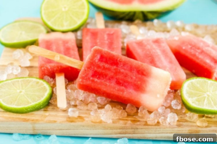 Beautifully arranged watermelon popsicles on a wooden cutting board, with ice and lime slices providing a refreshing backdrop. The vibrant colors make it an appealing summer sight.