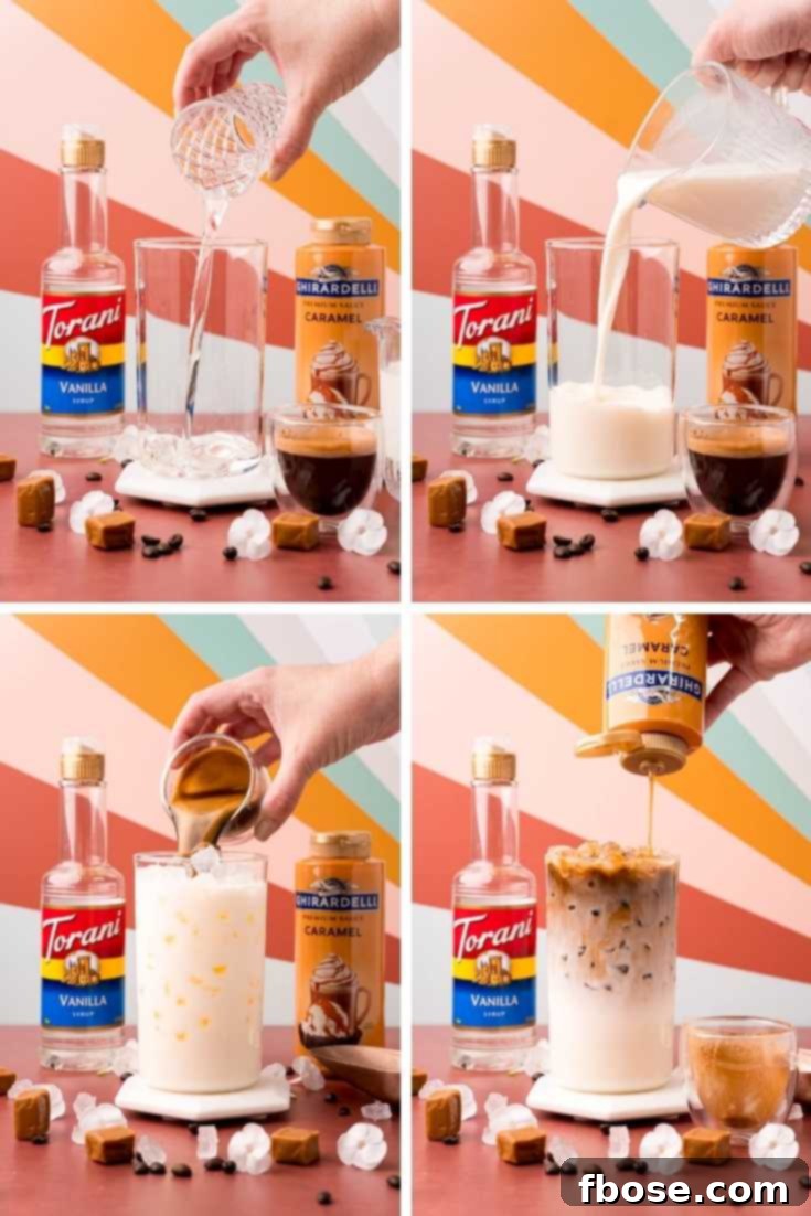 Photo collage showing step by step photos for how to make an iced caramel macchiato at home.