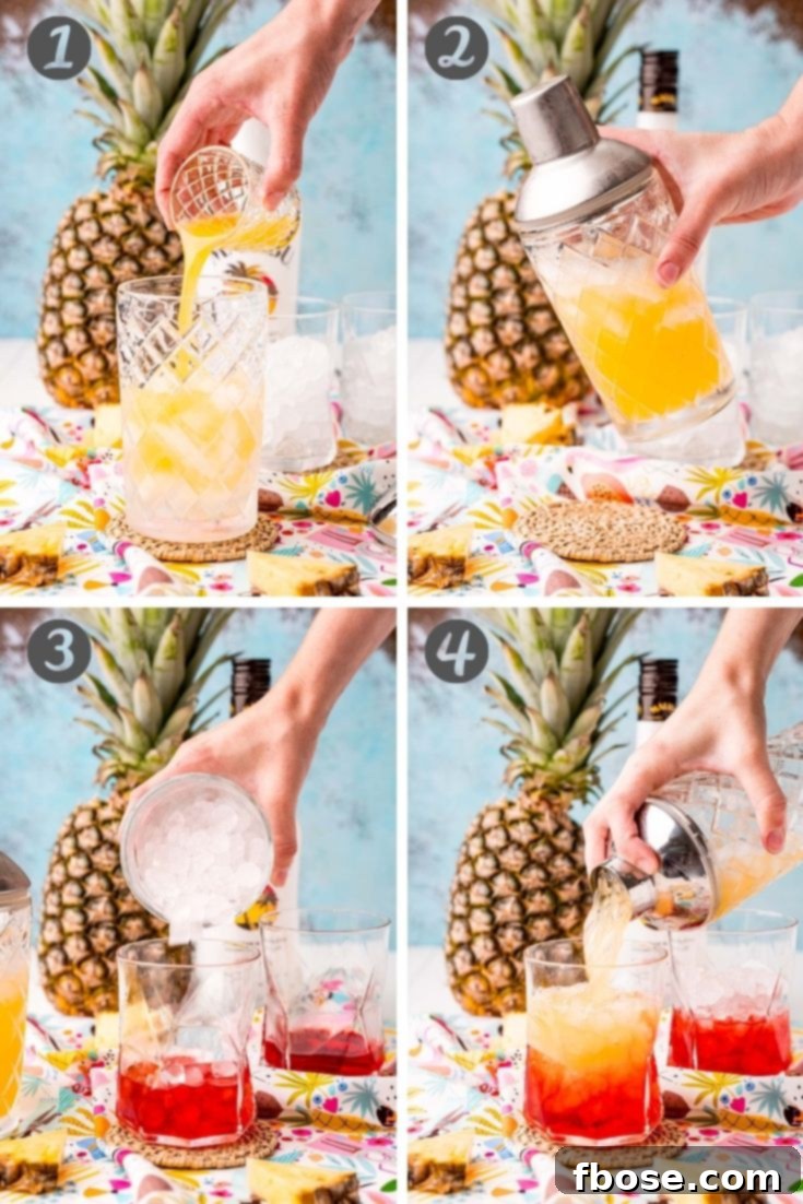 Malibu Sunset 4 step-by-step photo collage showing how to make a Malibu sunset drink.