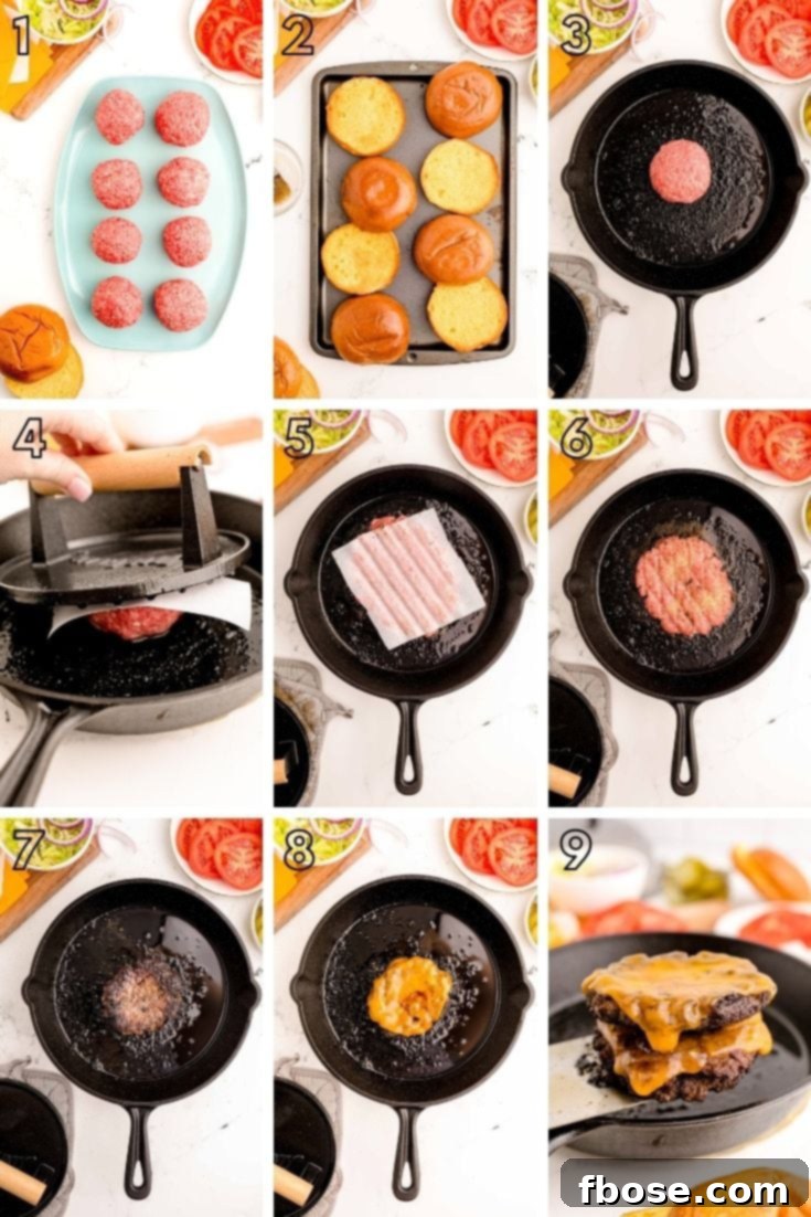 Step-by-step photo collage showing how to make smash burgers at home.