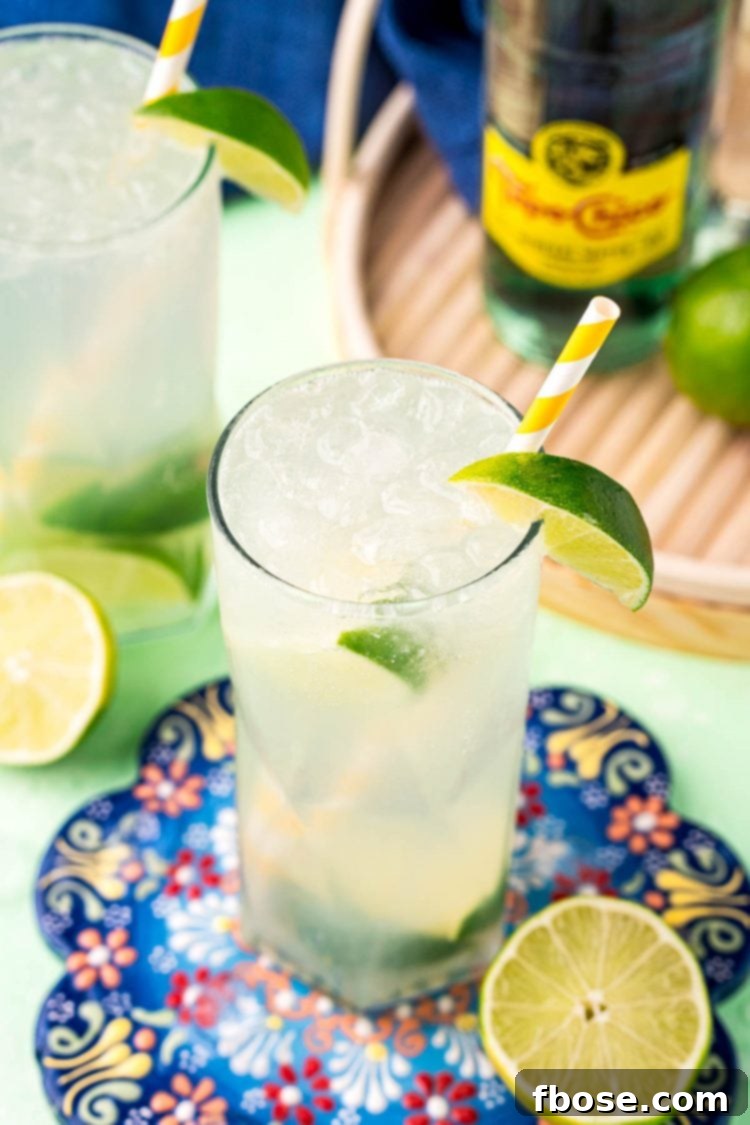 Highball glasses with ranch water in them on a colorful trivet surrounded by limes.