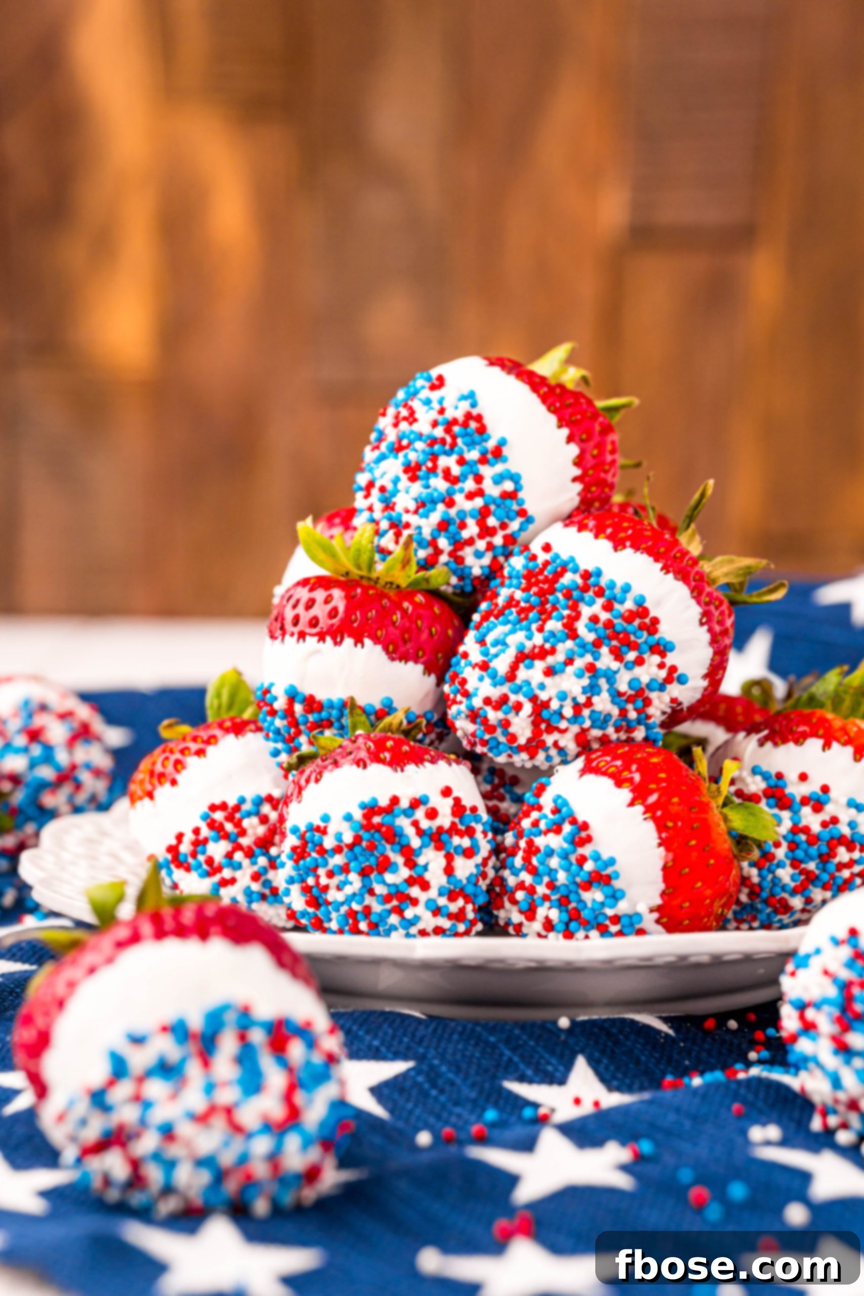 Independence Day Strawberry Delights 3 Strawberries dipped in white chocolate and red, white, and blue sprinkles on a white plate on a blue and white star napkin.