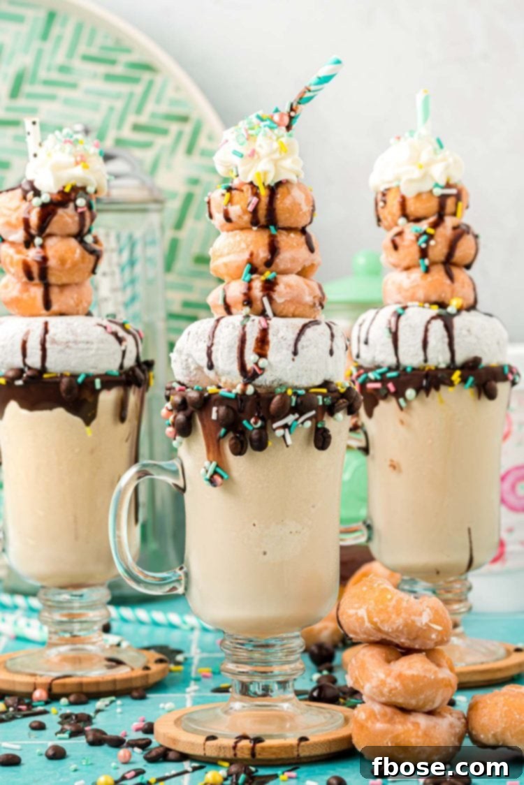 Three coffee milkshakes topped with donuts.