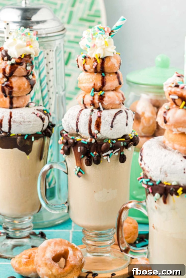 Three coffee milkshakes topped with donuts.