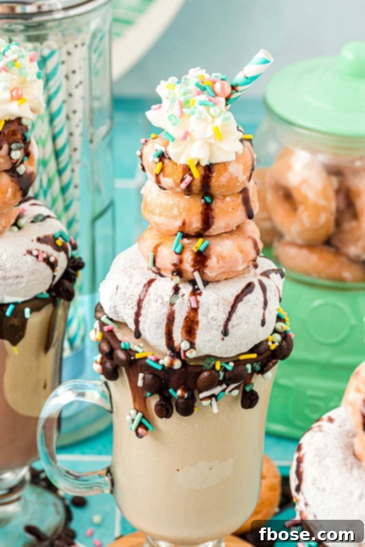 A mug of coffee milkshake topped with donuts and whipped cream and sprinkles.