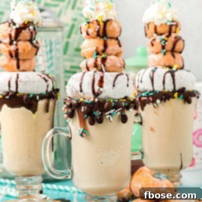 Three coffee milkshakes topped with donuts.