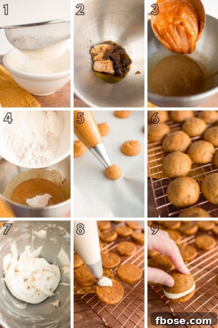 Step-by-step photo collage showing how to make pumpkin whoopie pies from scratch.
