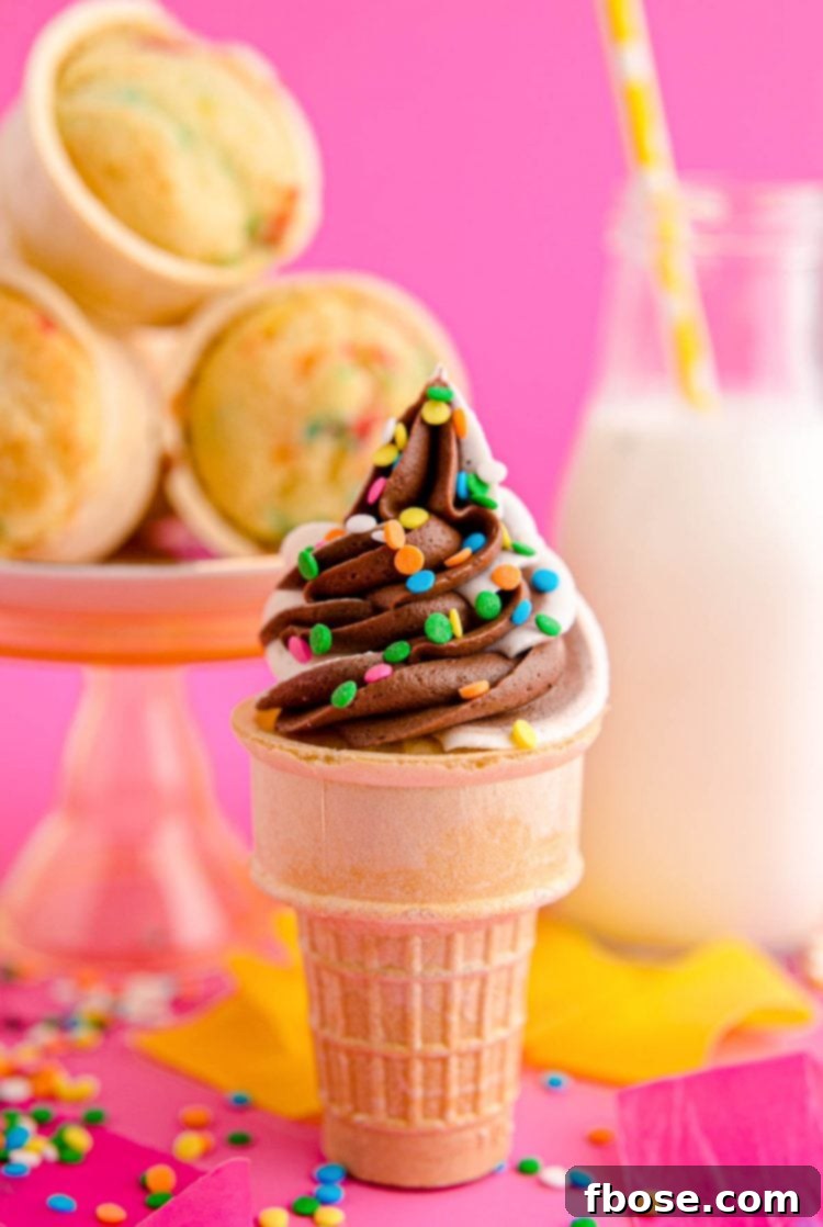 Close up photo of an ice cream cone cupcake topped with twist chocolate and vanilla frosting and colorful sprinkles. Bottle of milk and unfrosted cupcakes in the background.