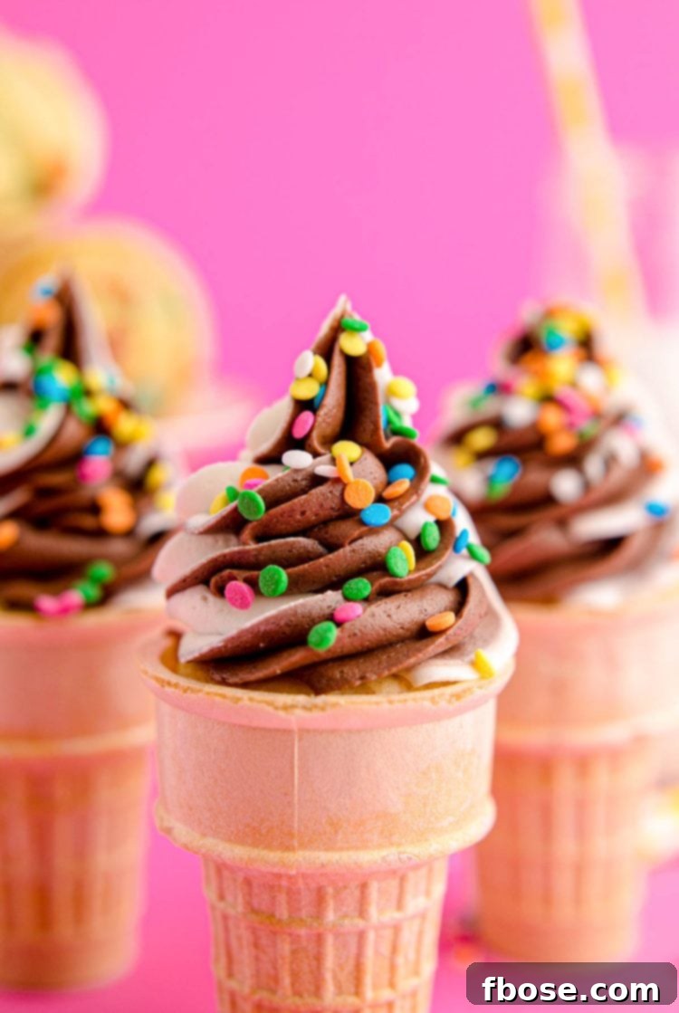 Close up photo of cupcakes in ice cream cones topped with a vanilla and chocolate frosting.