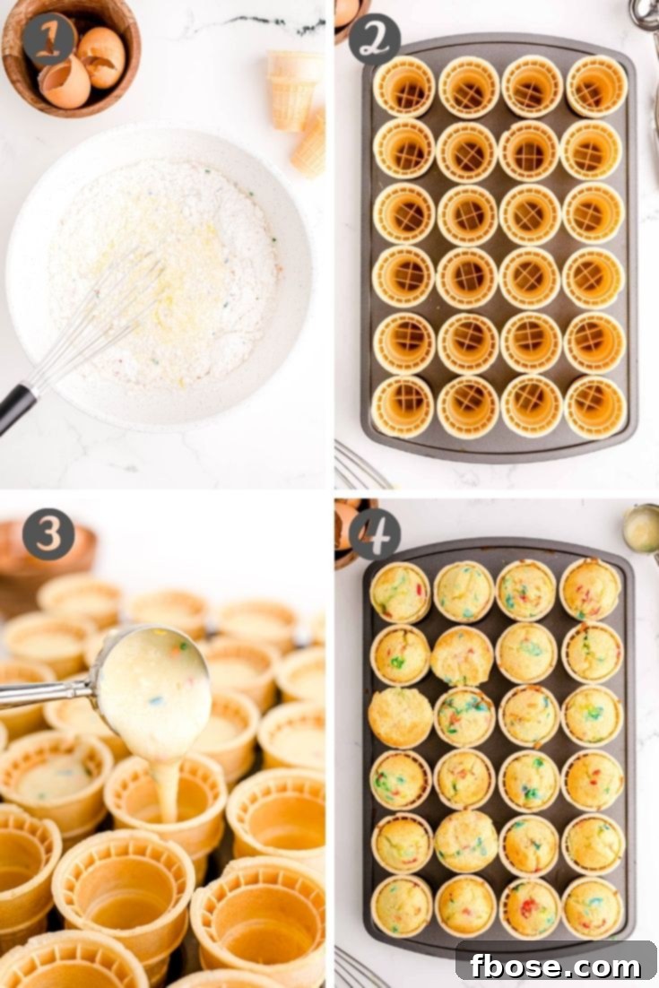 Step-by-step photo collage showing how to make ice cream cone cupcakes.