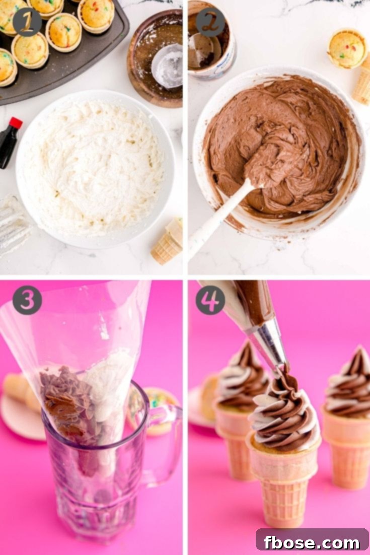 Step-by-step photos showing how to make twist frosting.