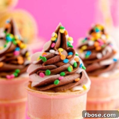 Close up photo of cupcakes in ice cream cones topped with a vanilla and chocolate frosting.