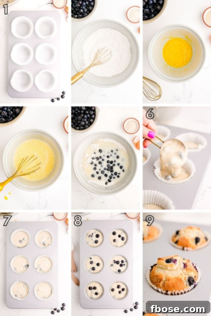 Bakery-Style Jumbo Blueberry Muffins 5 A step-by-step photo collage illustrating the process of making jumbo blueberry muffins, from ingredients to mixing and baking.