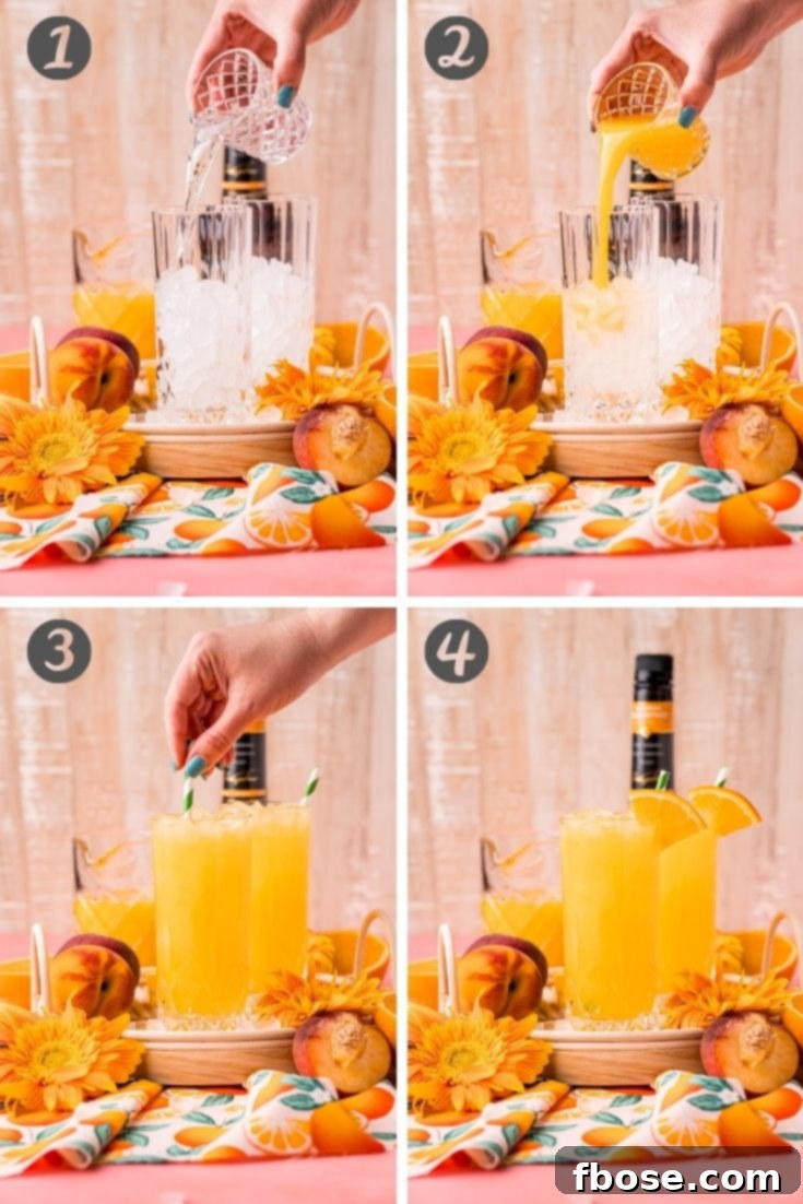 Step-by-step photo collage showing how to make a fuzzy navel cocktail, from adding ice to garnishing.