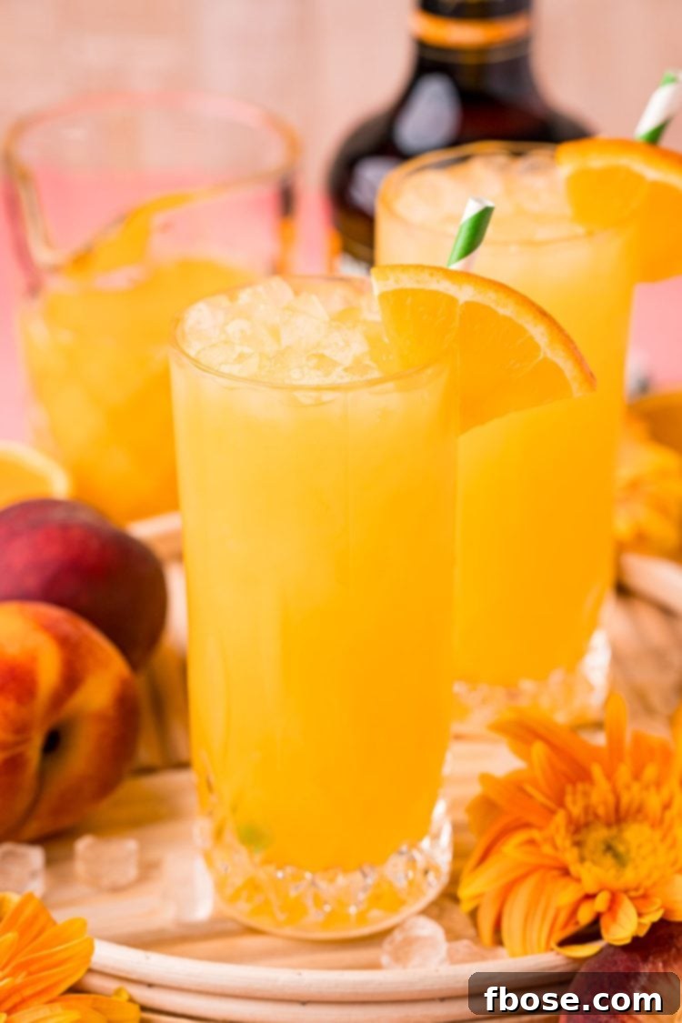Close up photo of a fuzzy navel cocktail in a tall glass, garnished with a fresh orange slice and peach wedge.