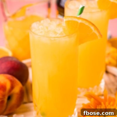Close up photo of a fuzzy navel in a tall glass.