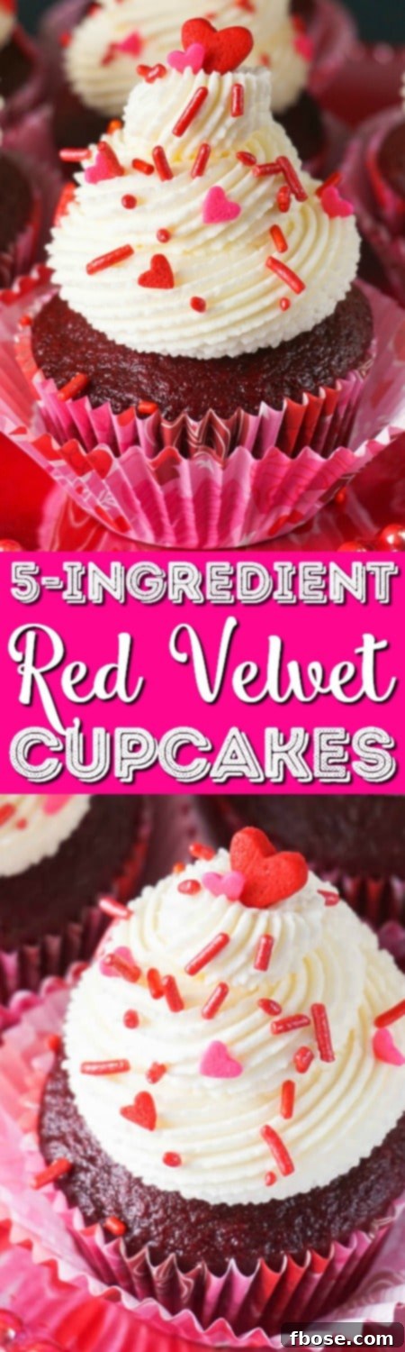 Effortless Red Velvet: Only 5 Ingredients 4 A stunning vertical image of a 5-Ingredient Red Velvet cupcake, clearly labeled with bold text for easy identification on social media.