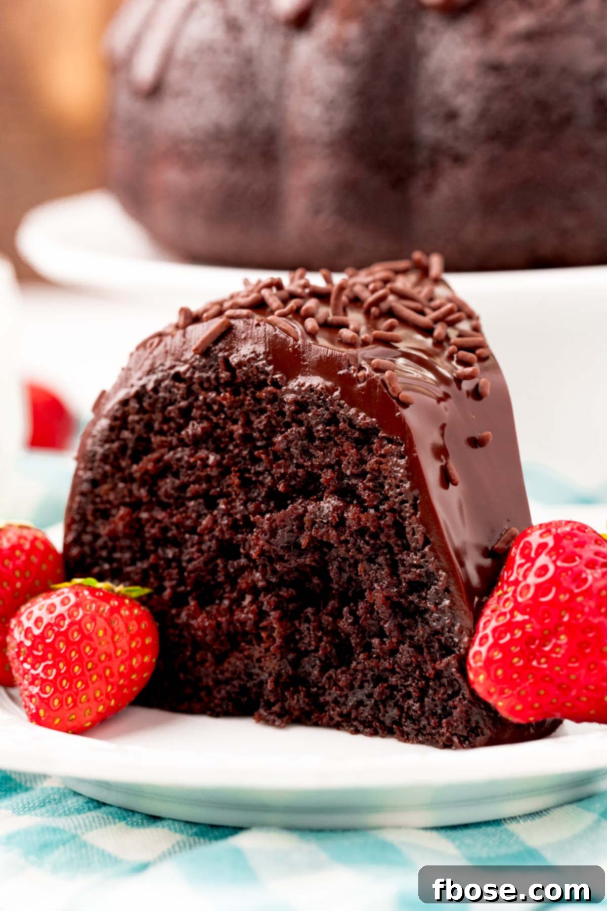 Close up photo of a slice of rich dark chocolate bundt cake on a white plate with fresh strawberries.