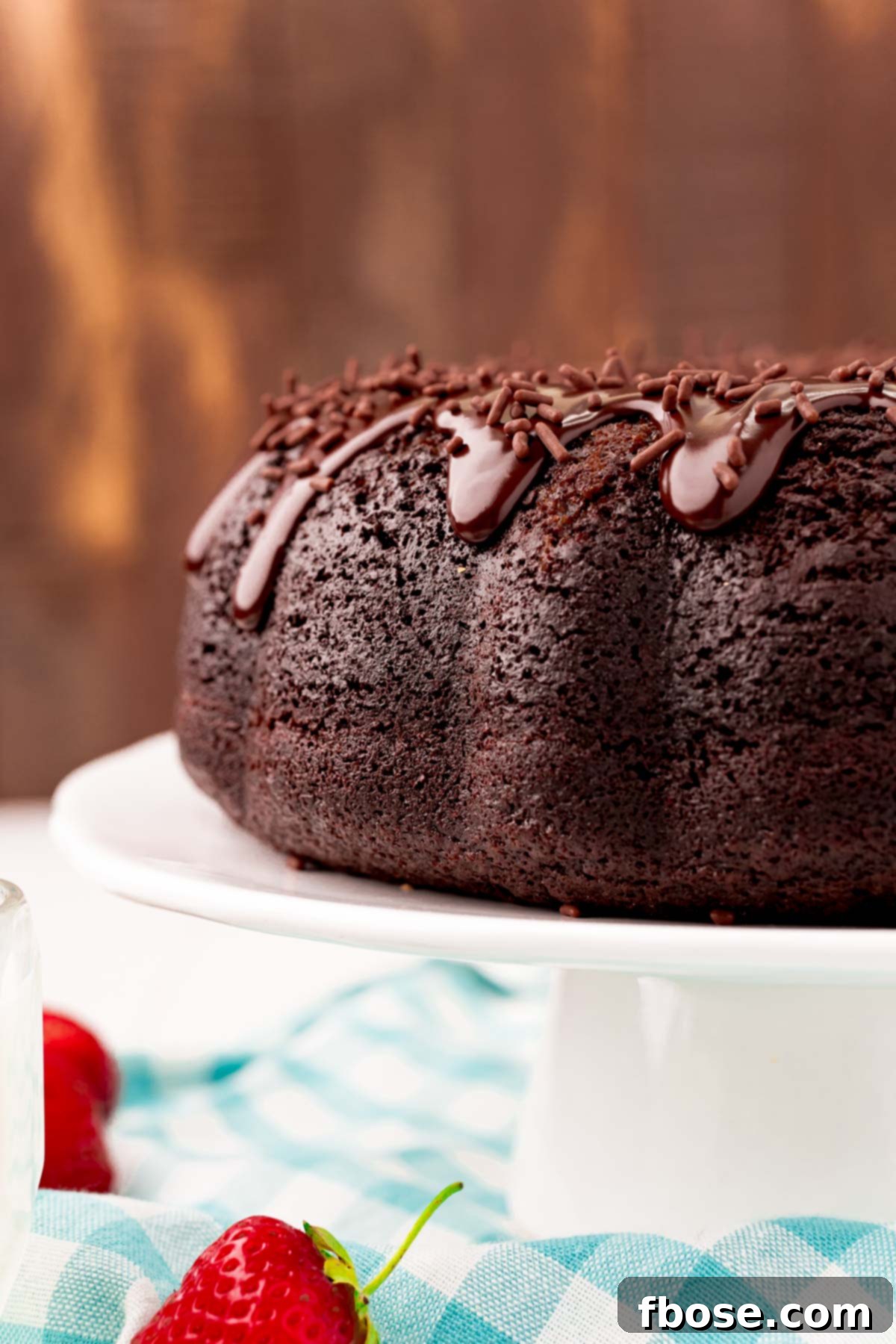 A beautifully rich dark chocolate bundt cake on a pristine white cake stand, ready to be served.