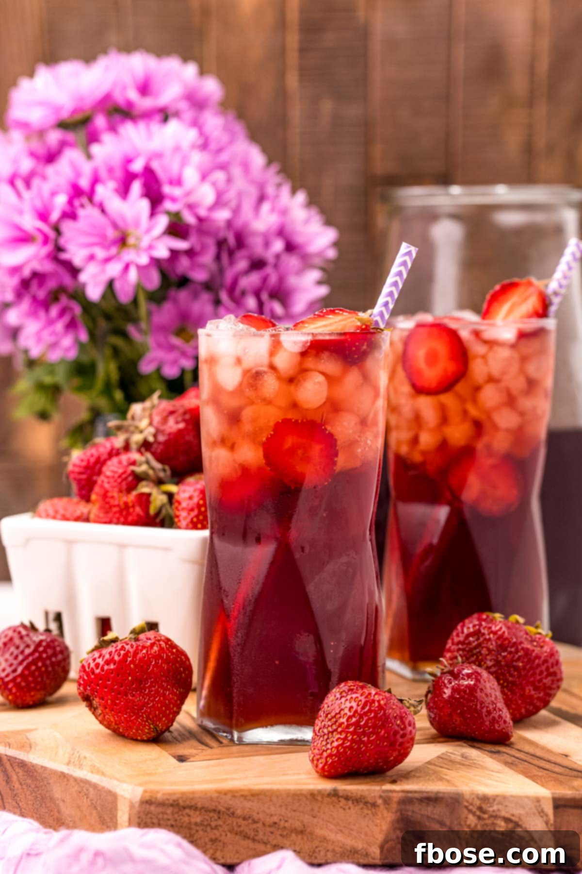 Photo of two glasses of strawberry sweet tea on a wooden board with strawberries scattered around and purple flowers in the background, creating a charming summer scene.
